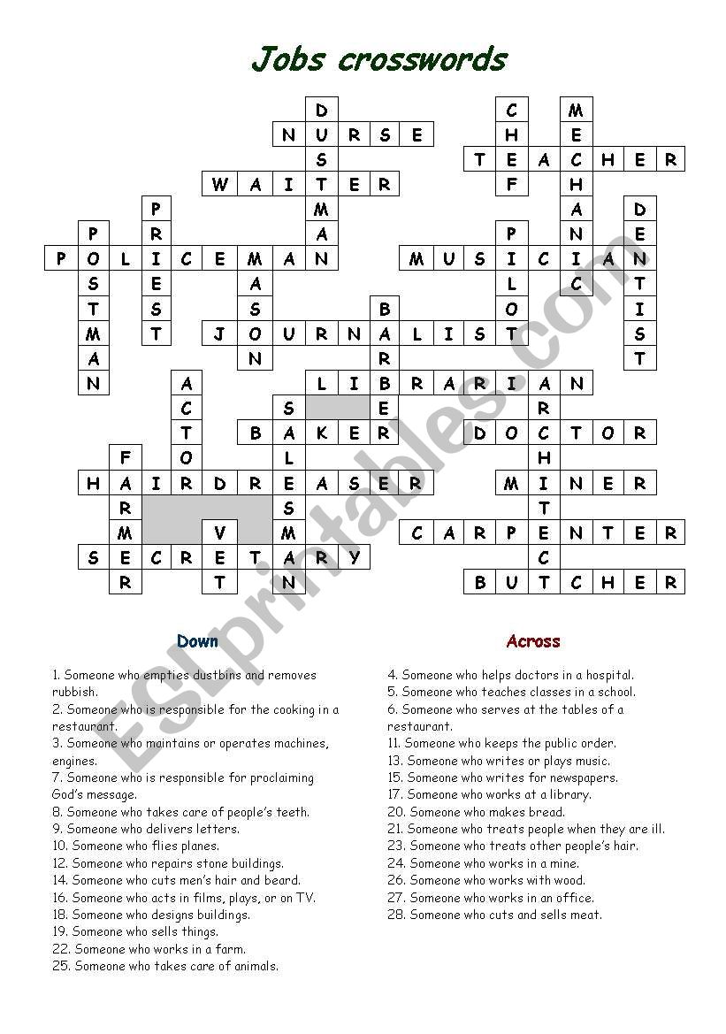 jobs crossword - solutions worksheet