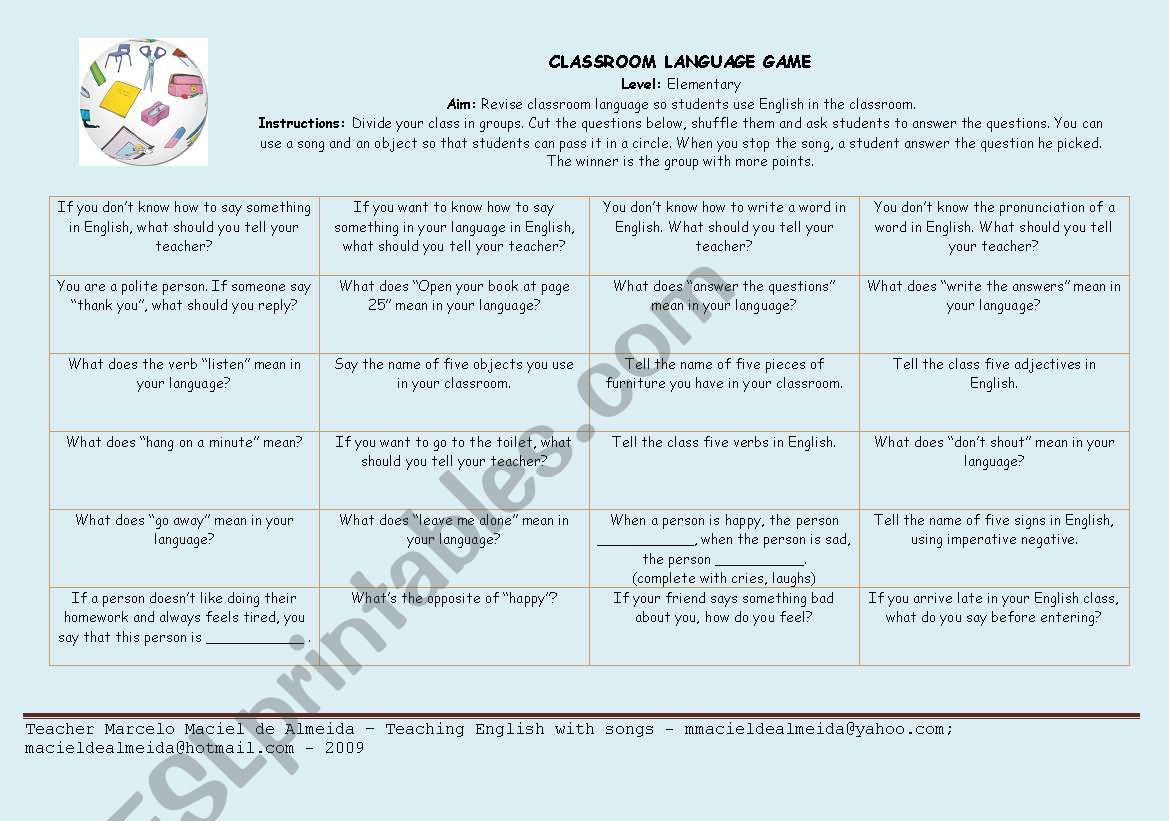 CLASSROOM LANGUAGE GAME worksheet