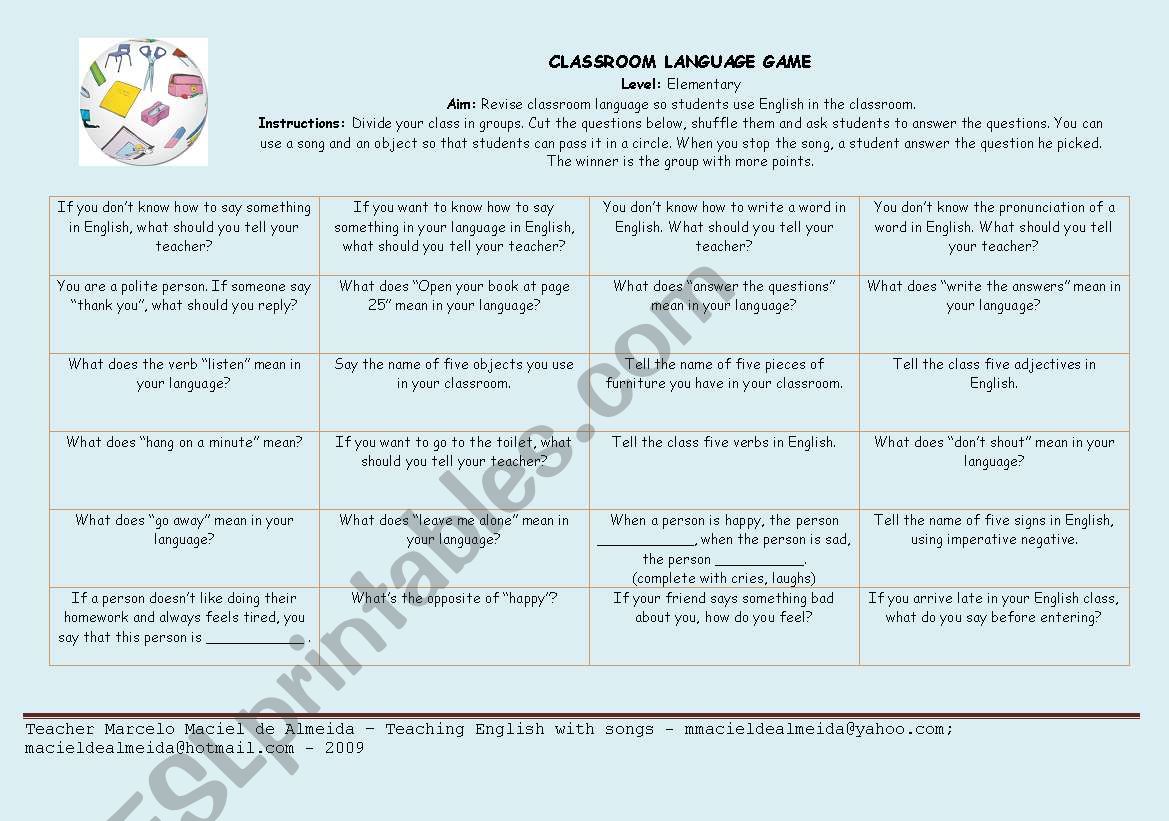 CLASSROOM LANGUAGE GAME worksheet
