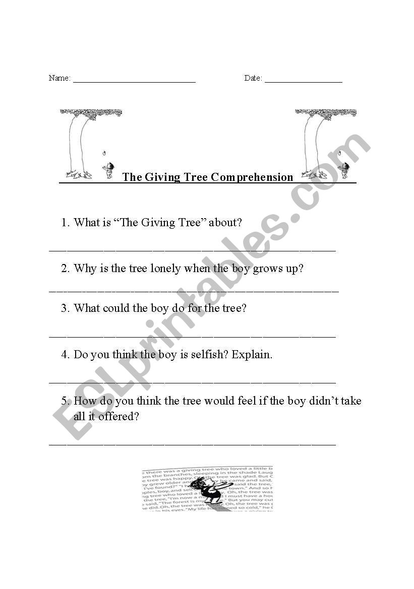 The Giving Tree Comprehension worksheet