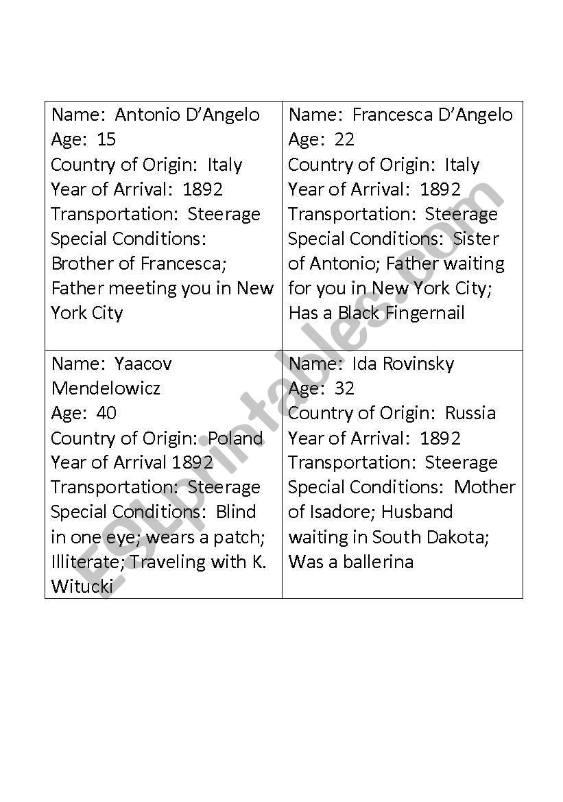 Immigrant Identity Cards worksheet