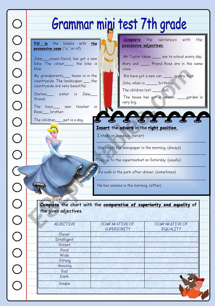 grammar mini test 7th grade worksheet