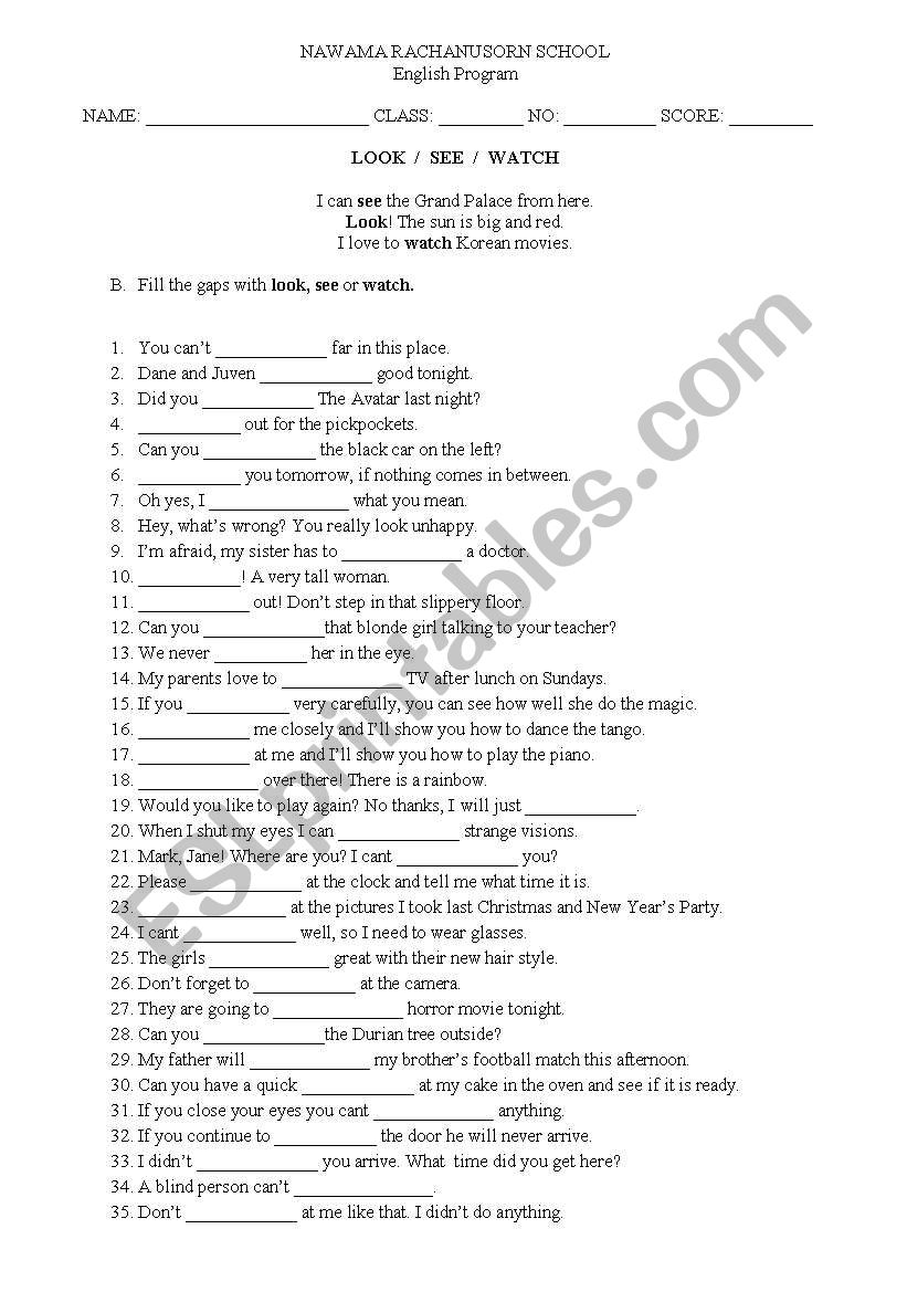 Grammar - Look / See / Watch worksheet