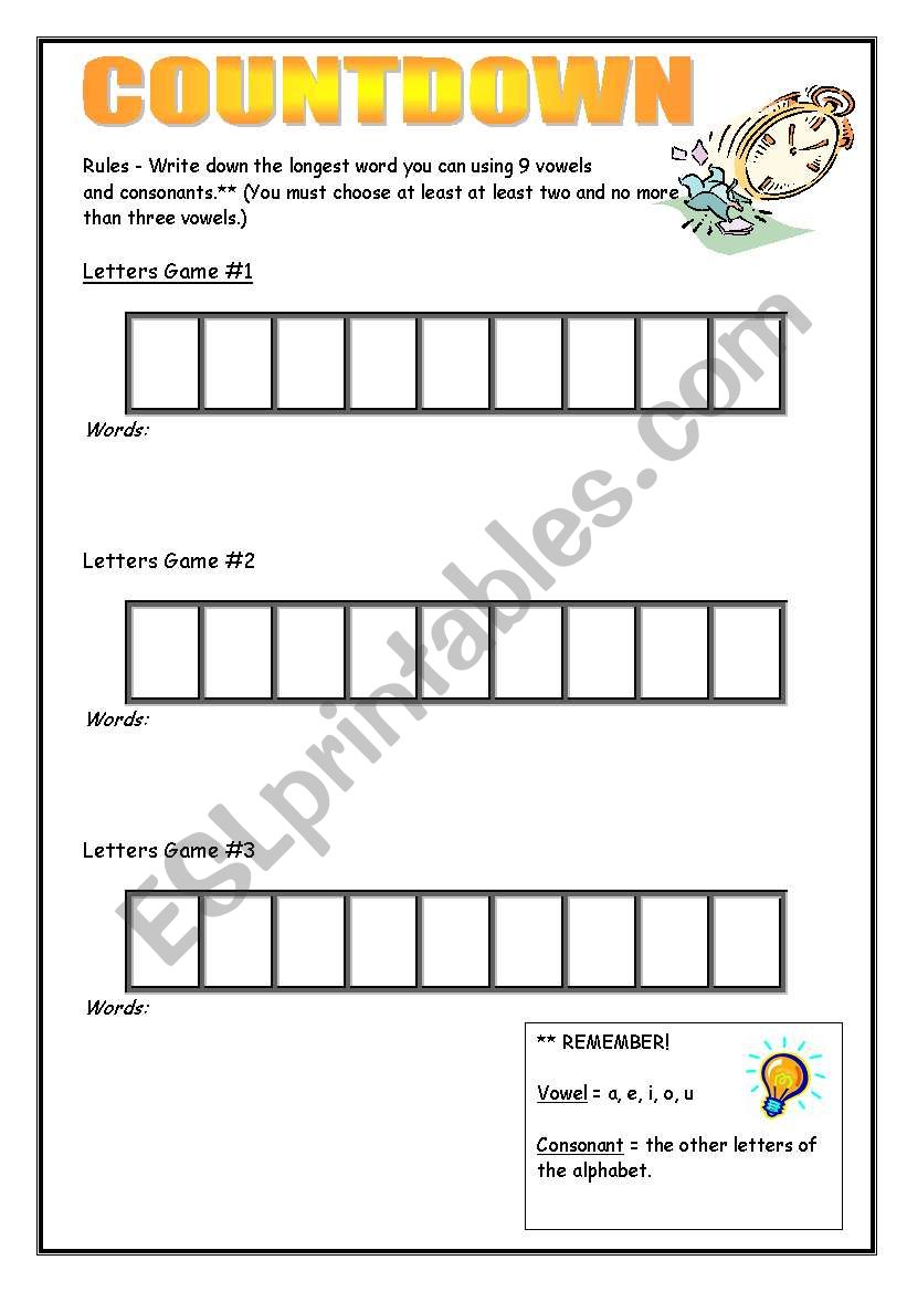 Countdown Worksheet.  worksheet