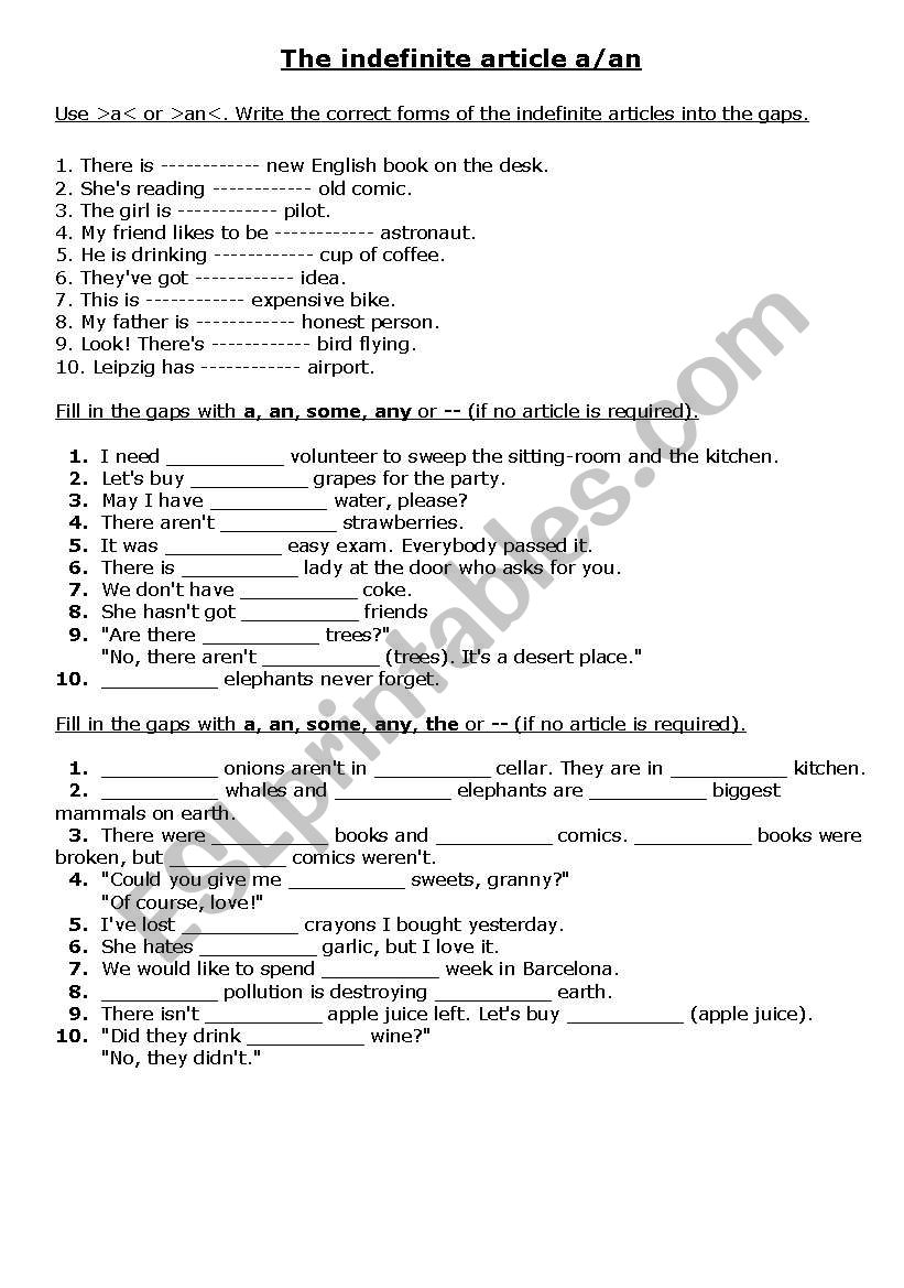 the indefinite articles worksheet