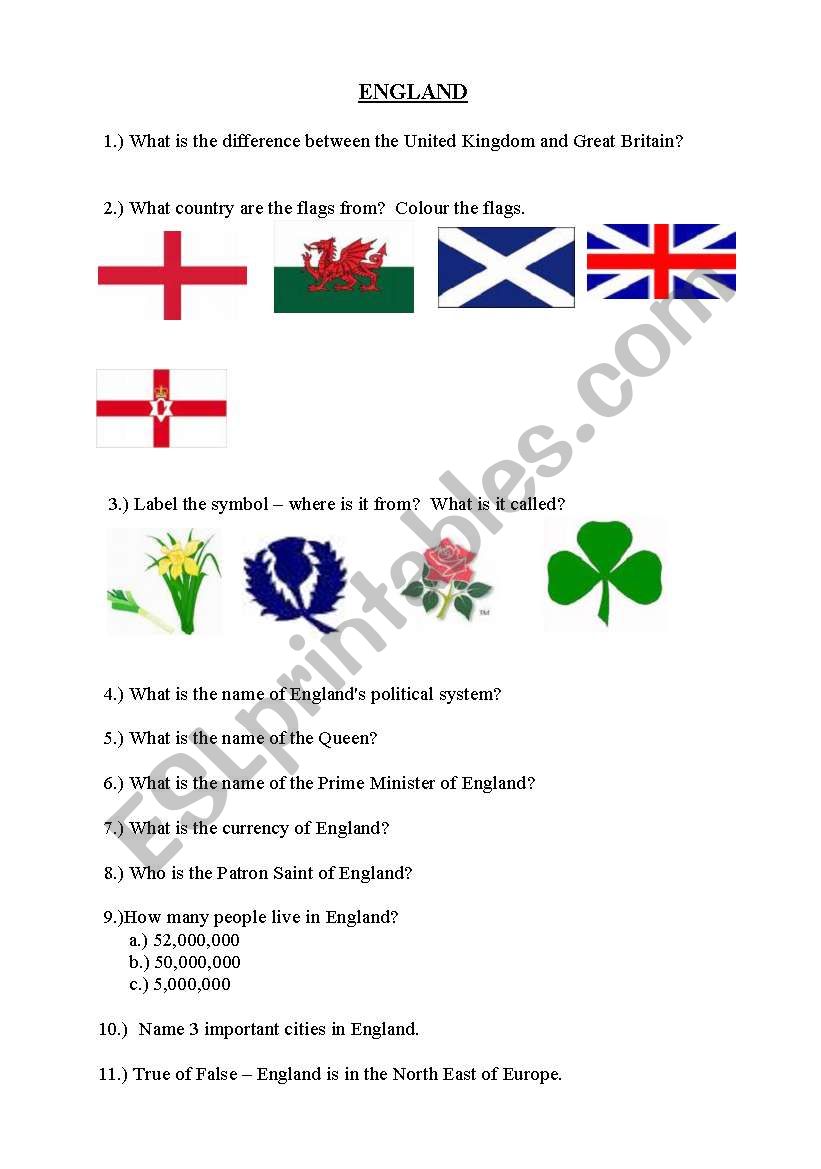 England listening/reading worksheet