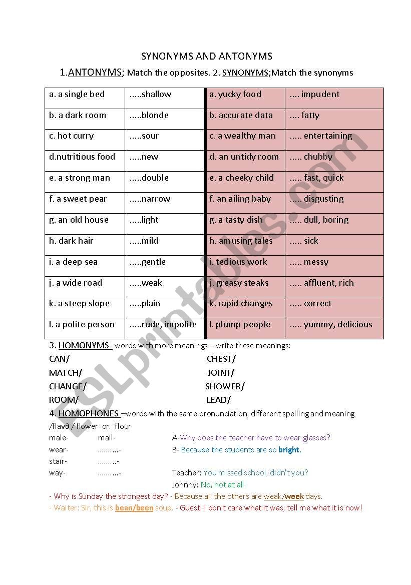 Synonyms and antonyms worksheet