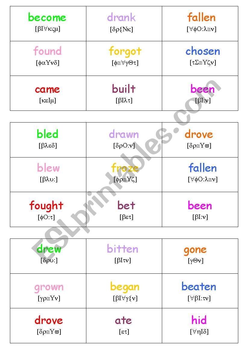 irregular verbs BINGO 5 worksheet