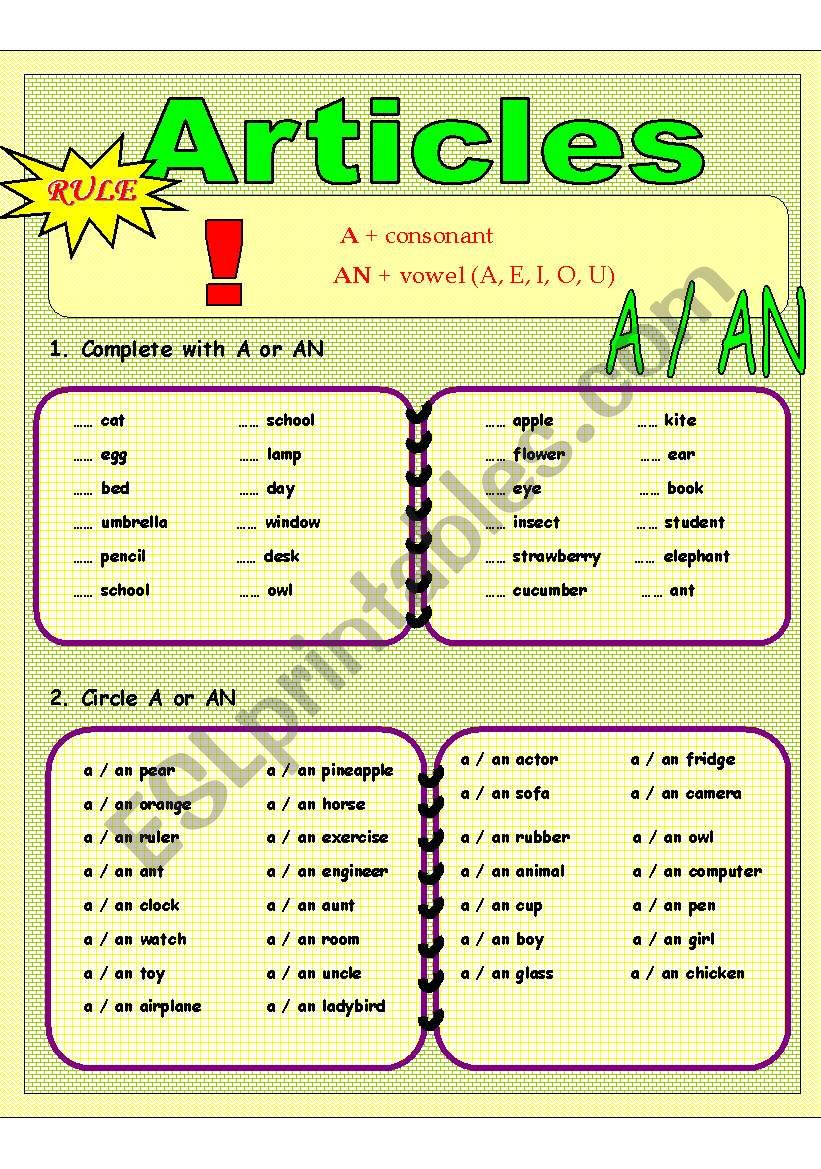 Articles worksheet