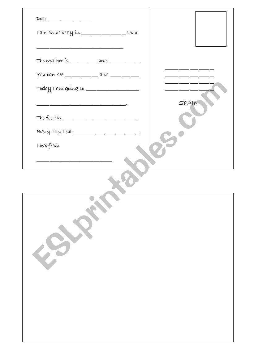 Holiday postcard worksheet