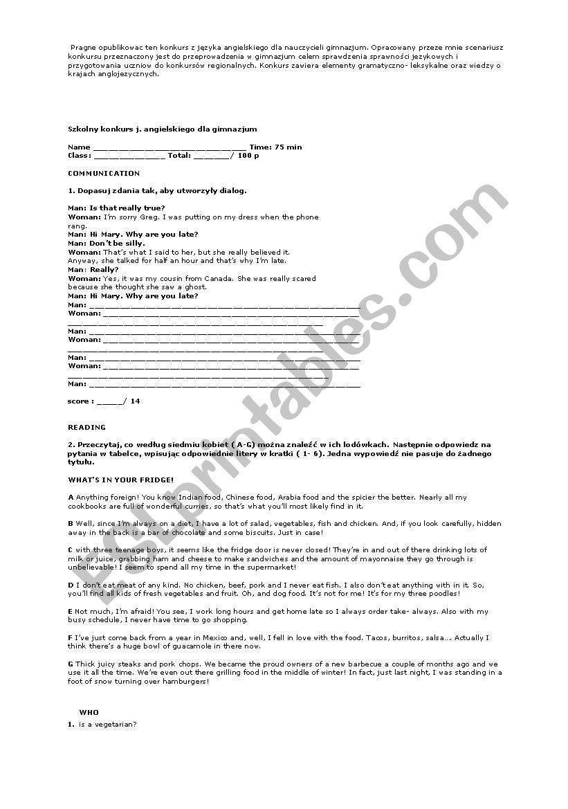 tests worksheet
