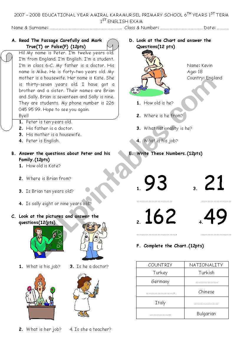 exam worksheet