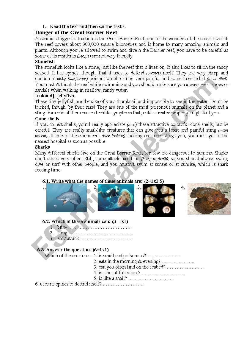 Great Barrier reaf worksheet