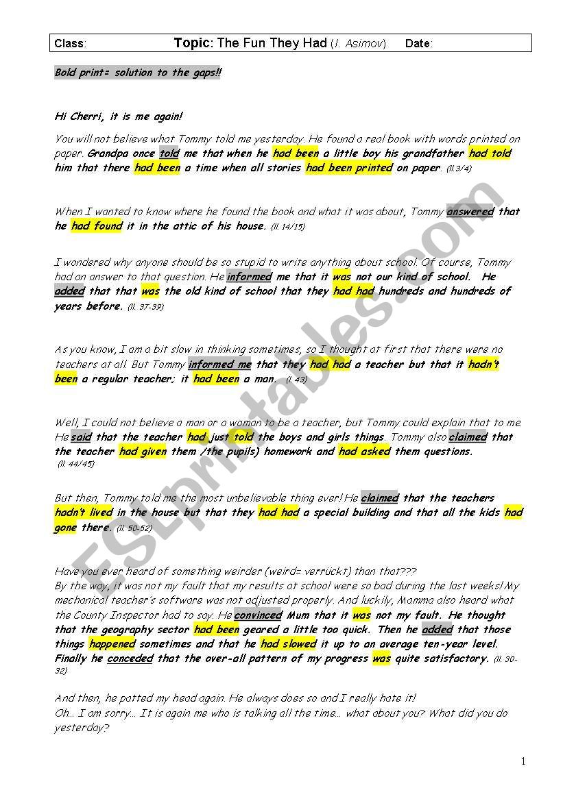 The Fun They Had - Reported Speech Worksheet - Teachers Version