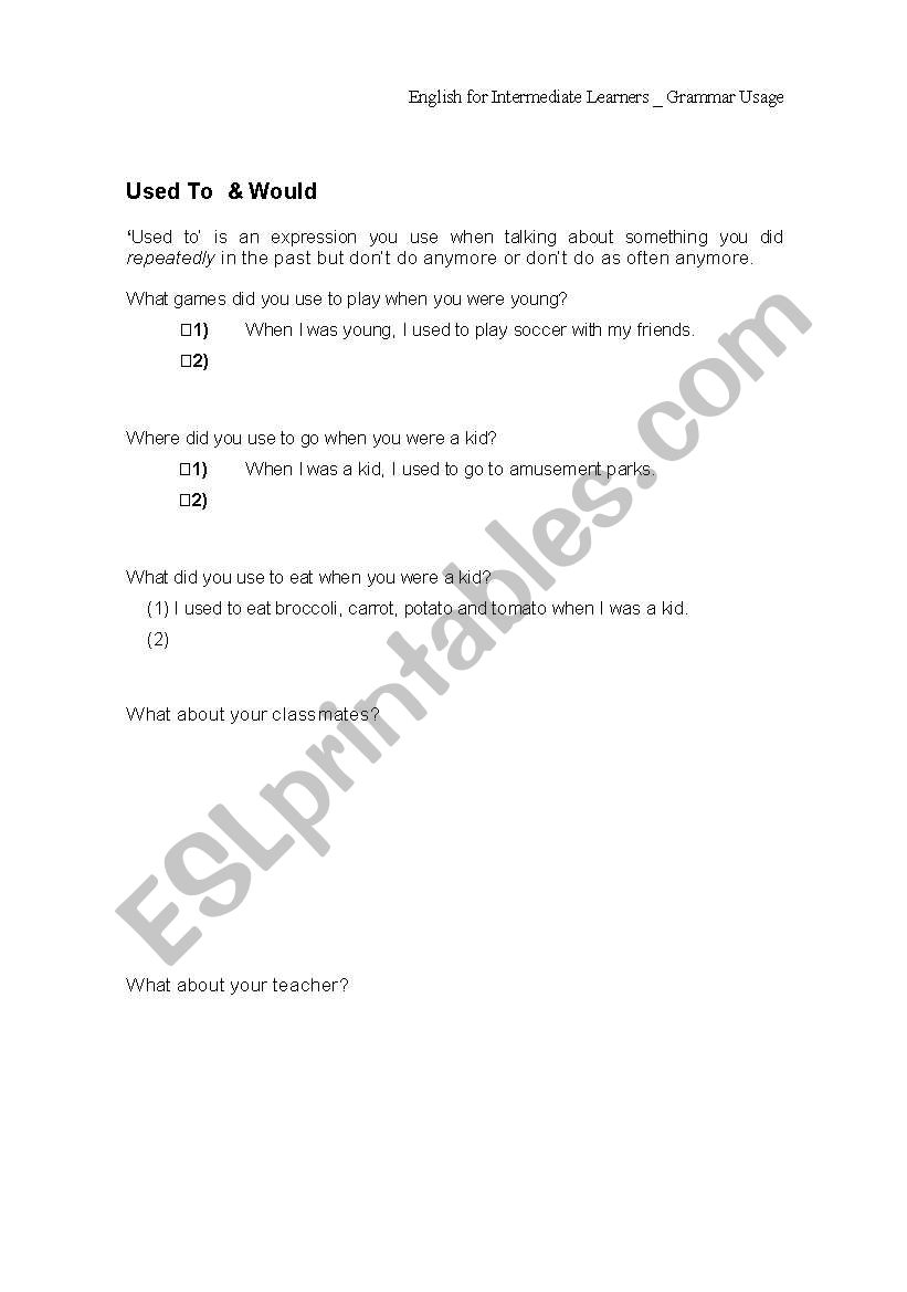 Used to & Would worksheet