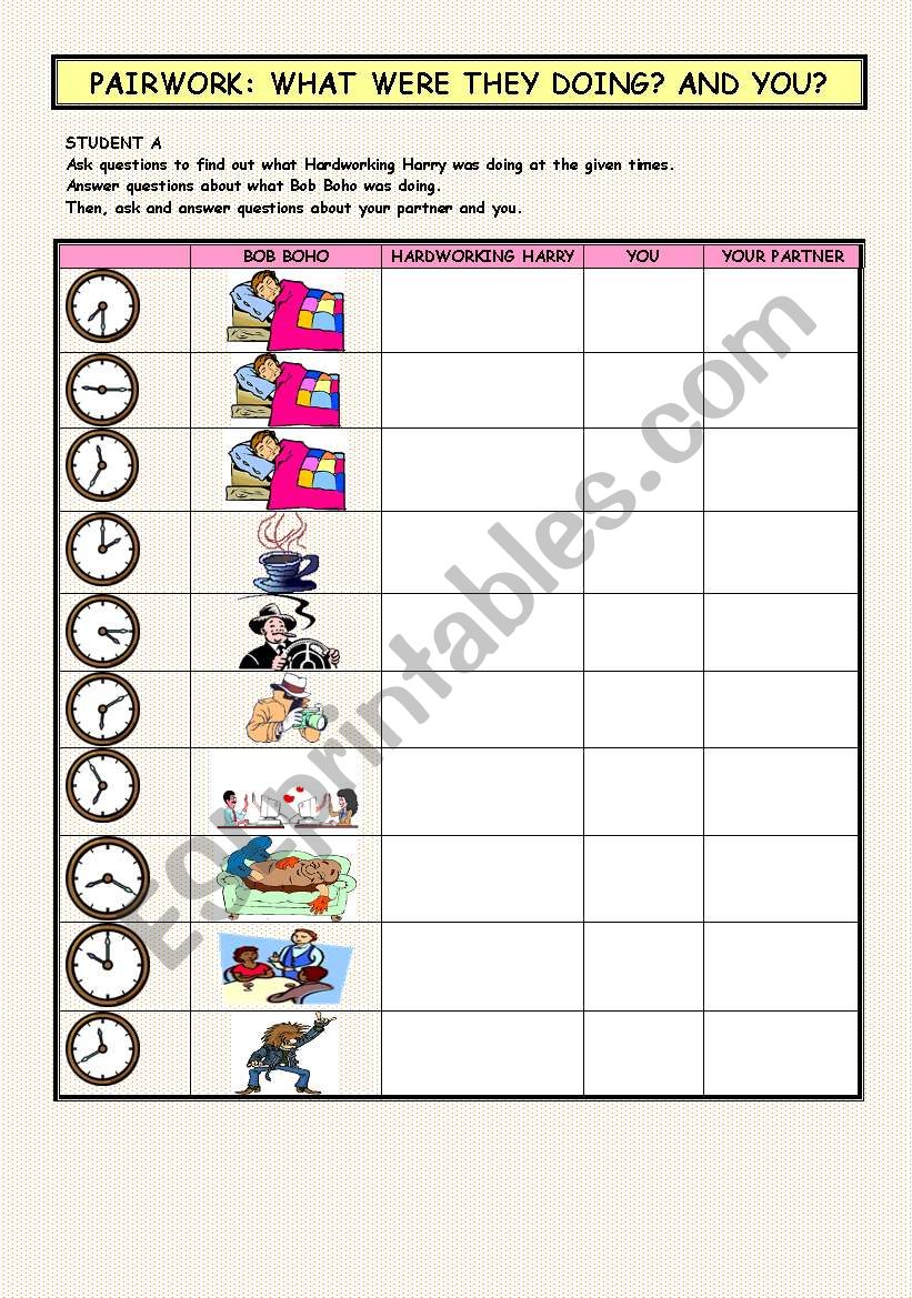 Pairwork: What were they doing? And you? Different lifestyles (Past Continuous)- Student A