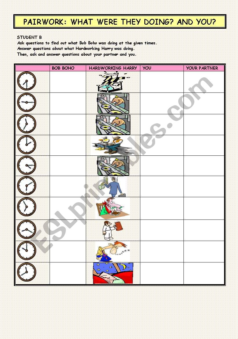 Pairwork: What were they doing? And you? - Different lifestyles. Past Continuous (Student B)