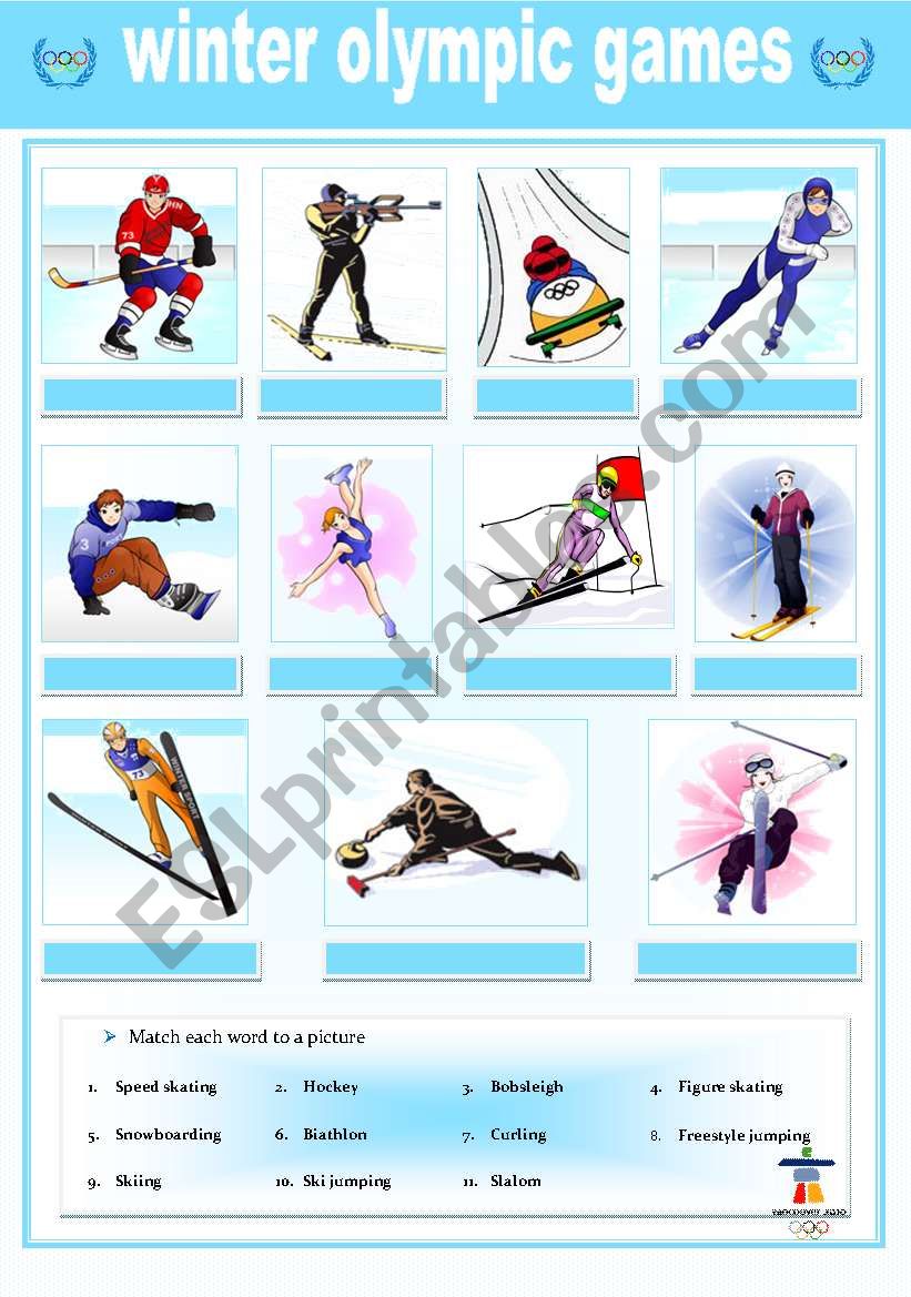 Winter olympics matching worksheet