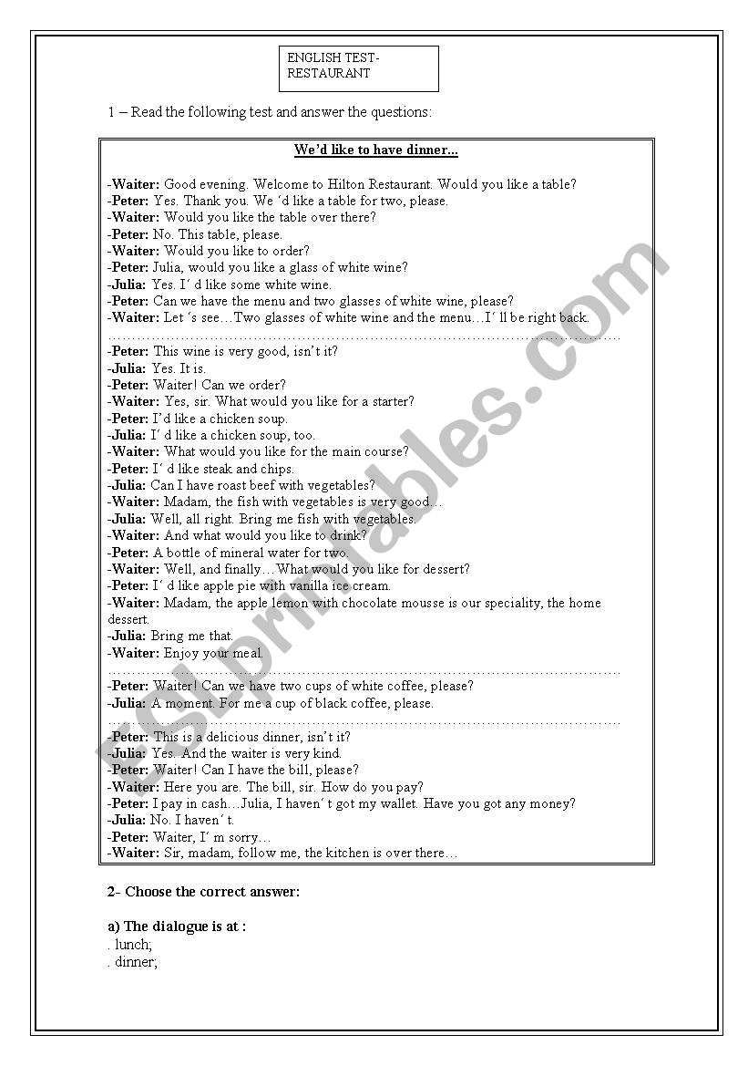 ENGLISH RESTAURANT TEST worksheet