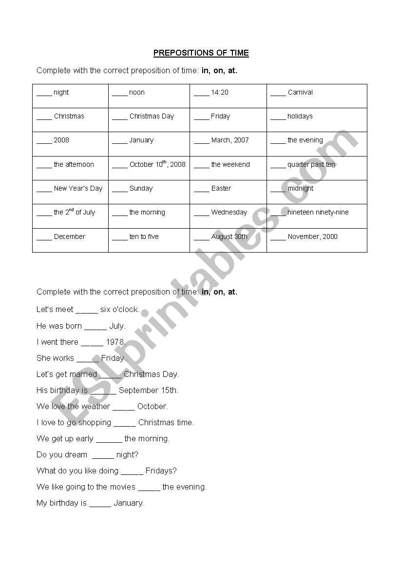 Prepositions of time: in, on, at