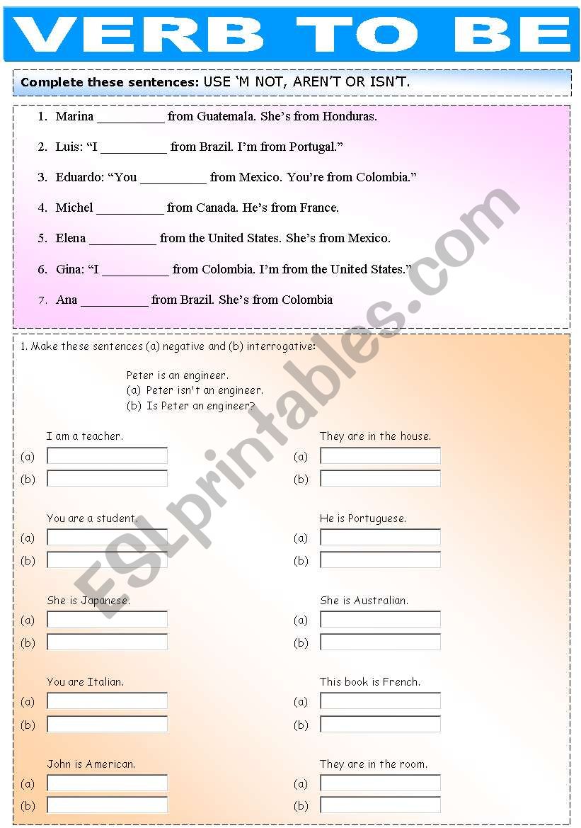 verb to be worksheet
