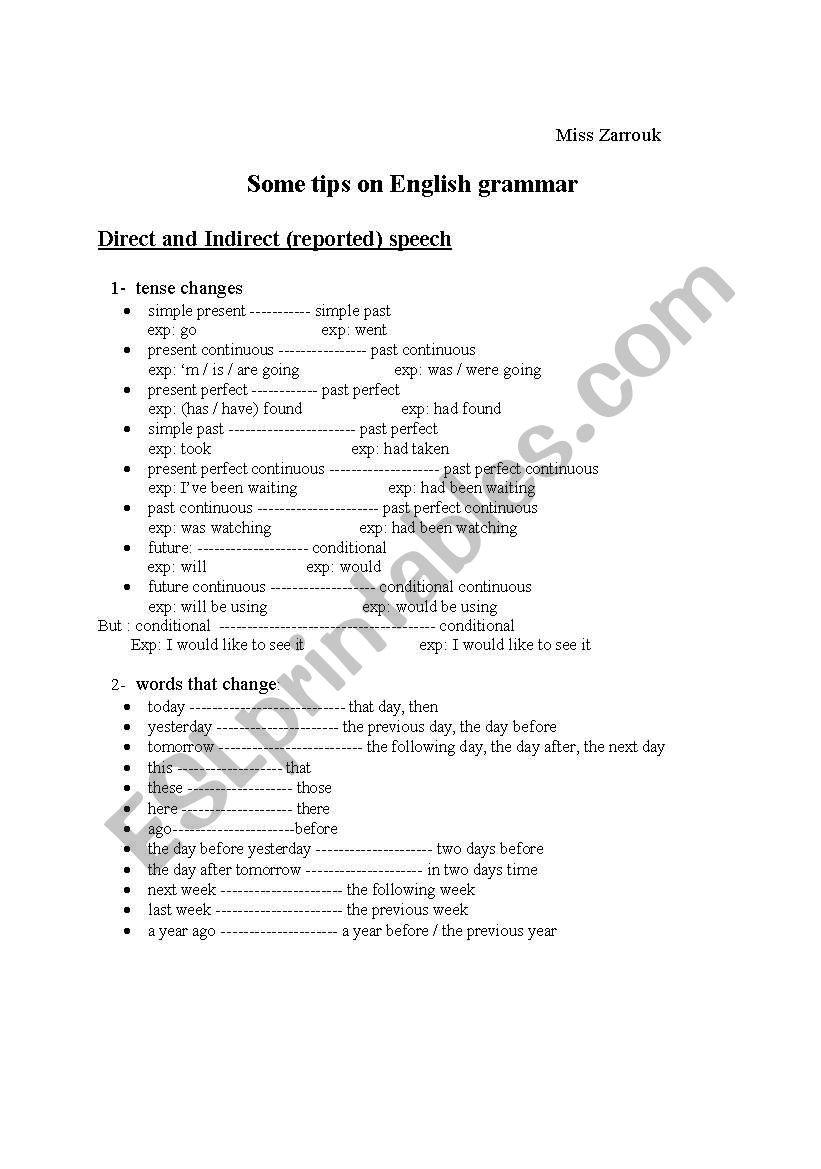 direct and indirect speech worksheet