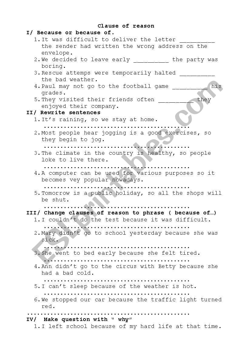 clauses of reason worksheet