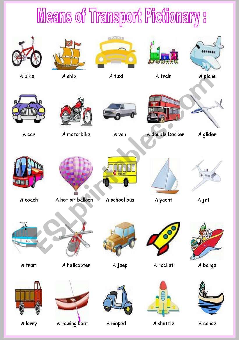 means of transport pictionary worksheet