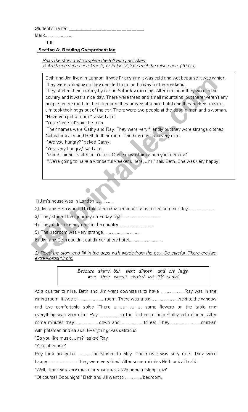 reading comprehension  worksheet