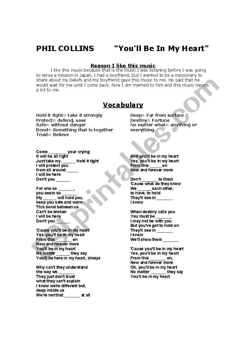 English worksheets: You´ll be in my heart Phil Collins