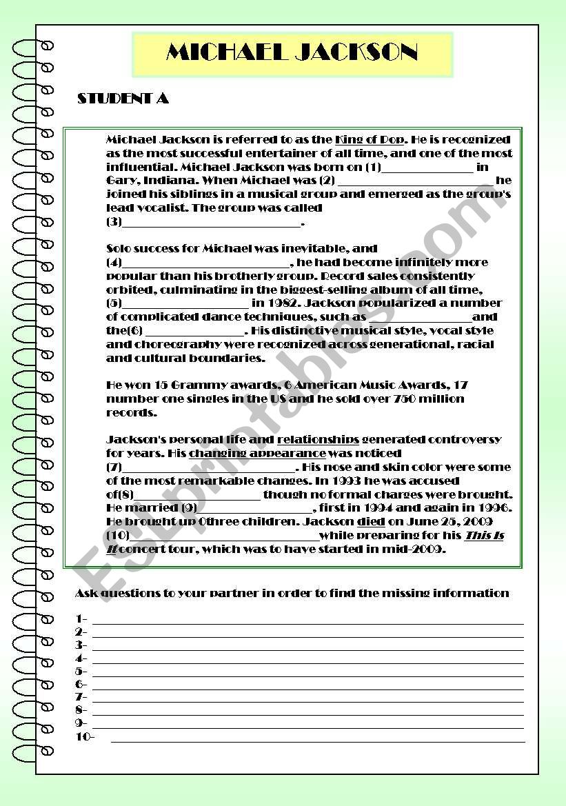 Michael Jackson Information gap activity