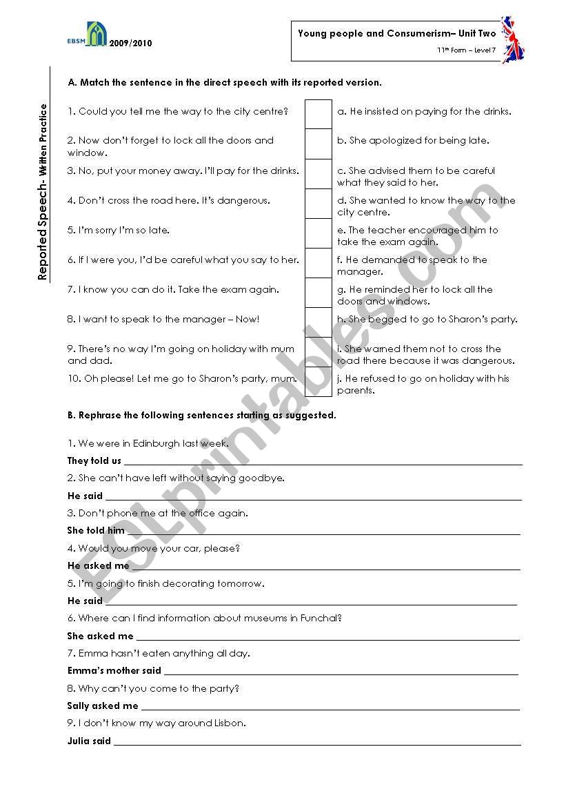 reported speech worksheet