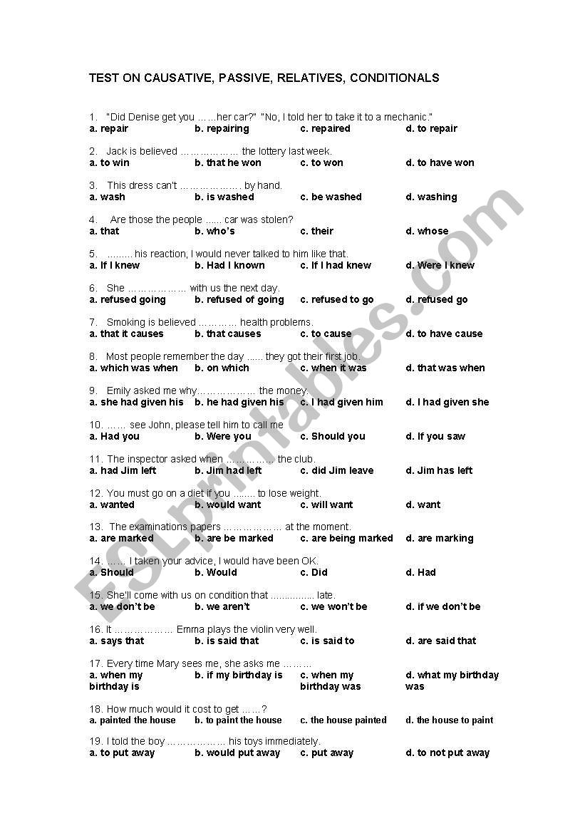 TEST ON PASSIVE, CAUSATIVE, RELATIVES, CONDITIONALS