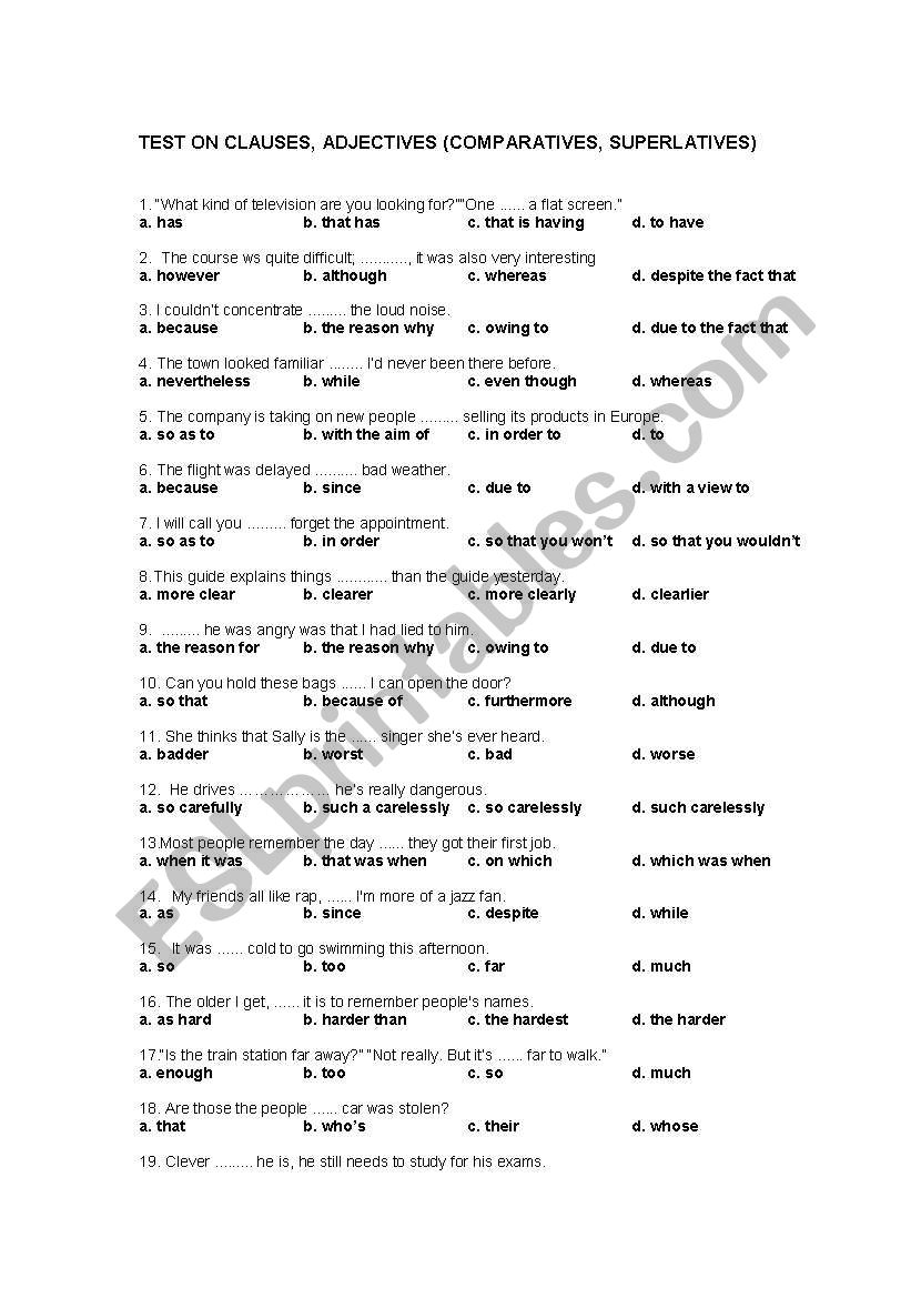 TEST ON CLAUSES AND COMPARATIVES