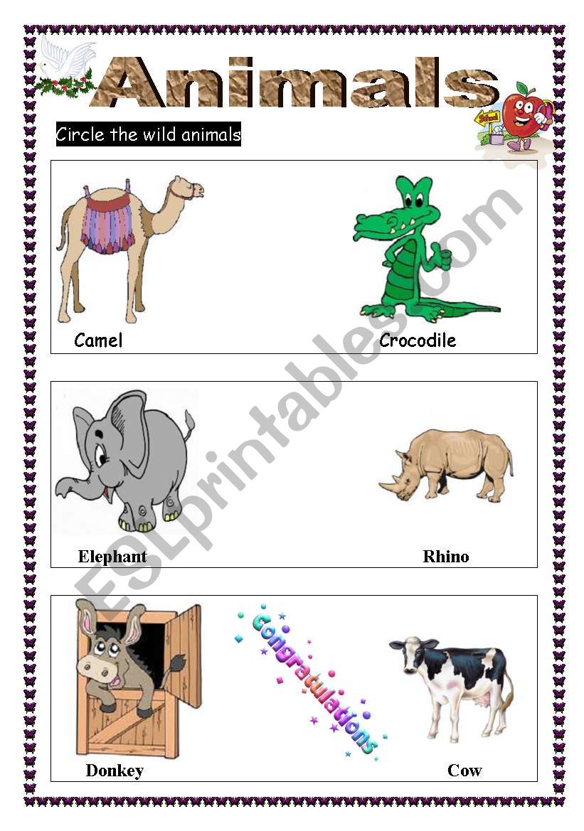 English worksheets: circle the wild animals