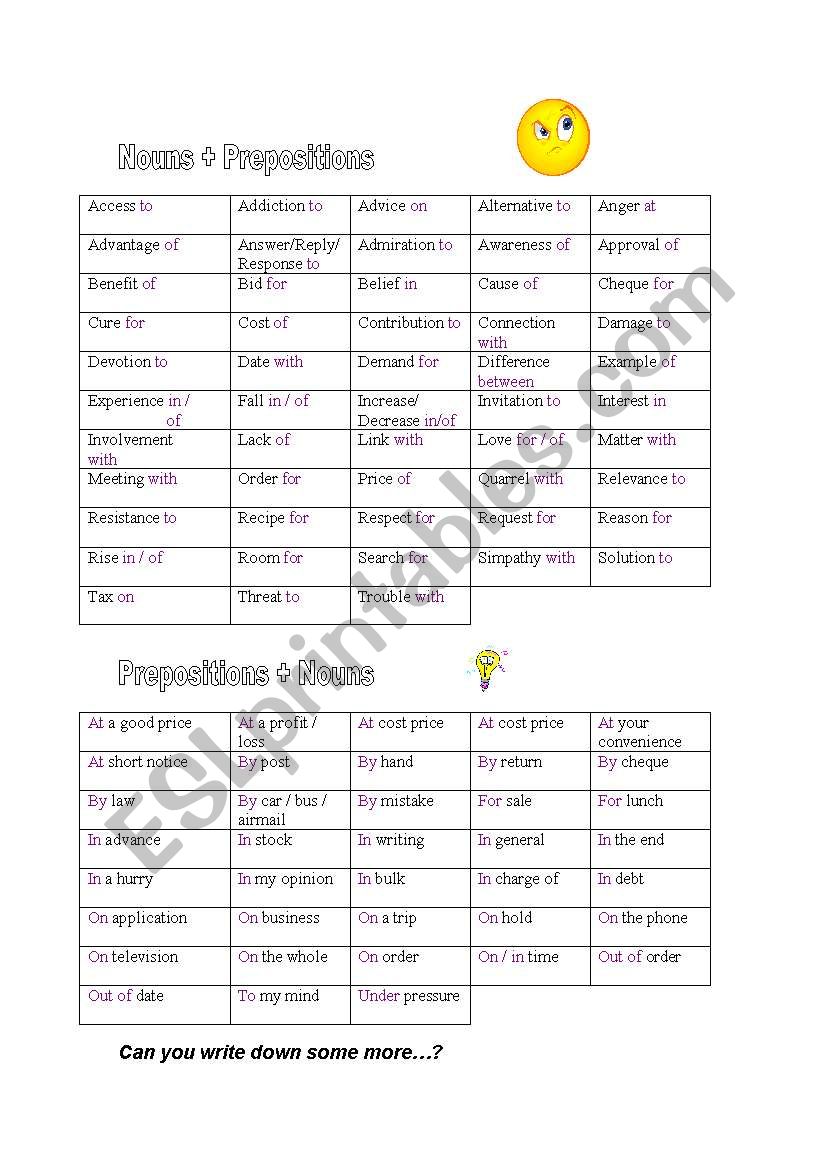 Nouns + Prepositions worksheet