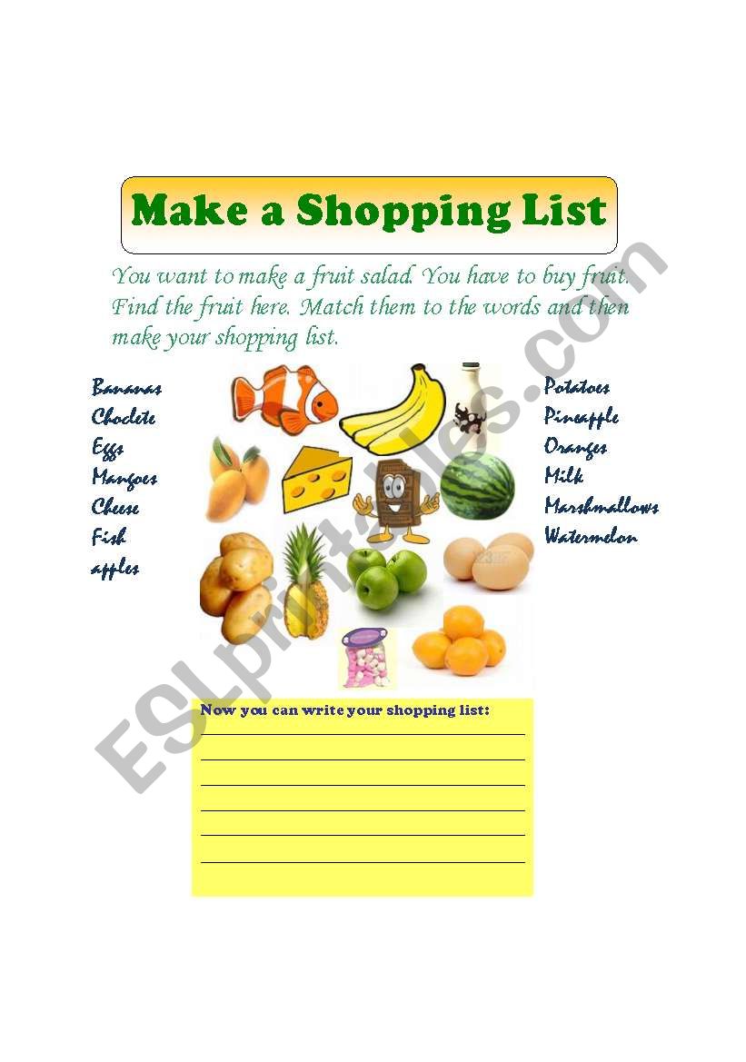 make a shopping list worksheet