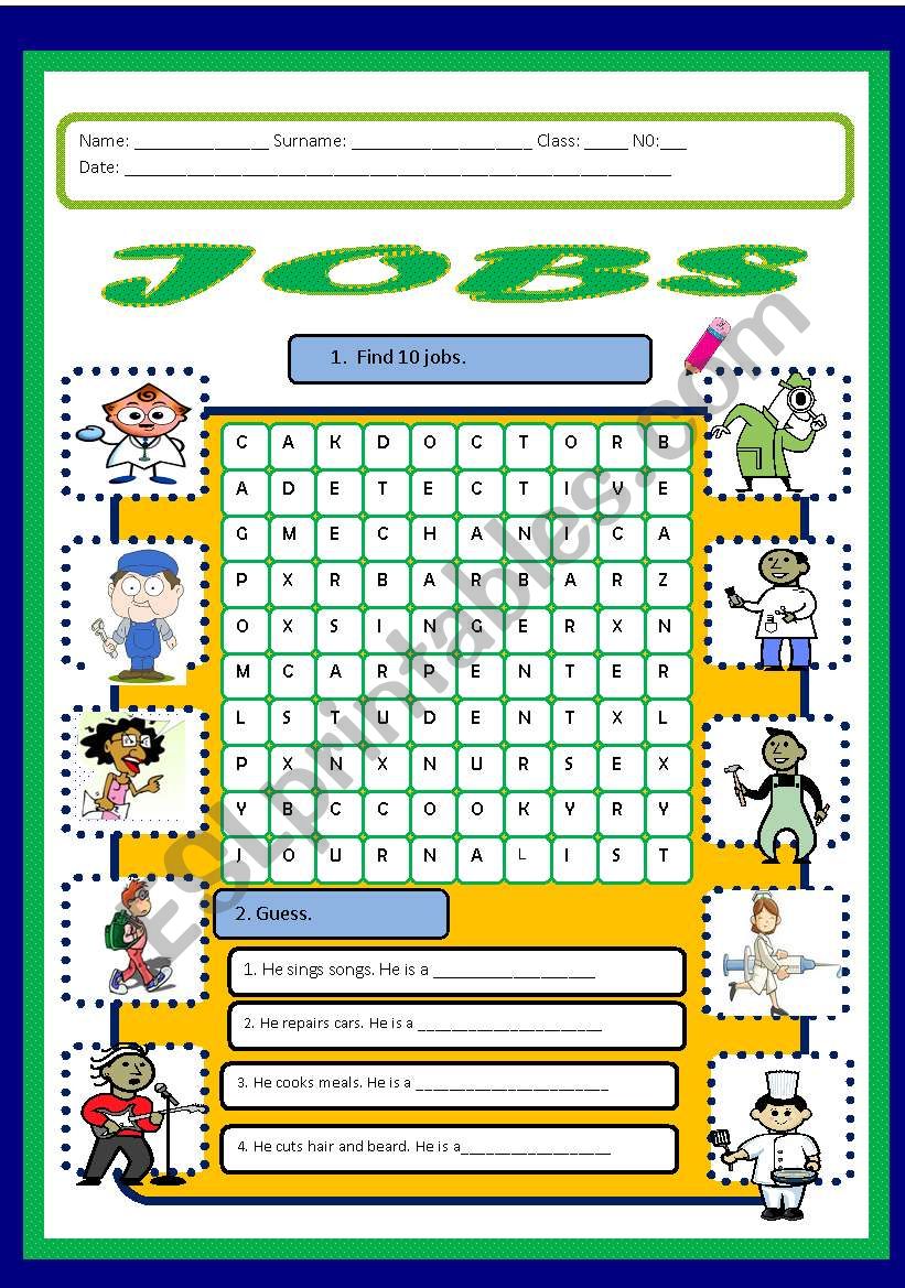 jobs wordsearch esl worksheet by miss o