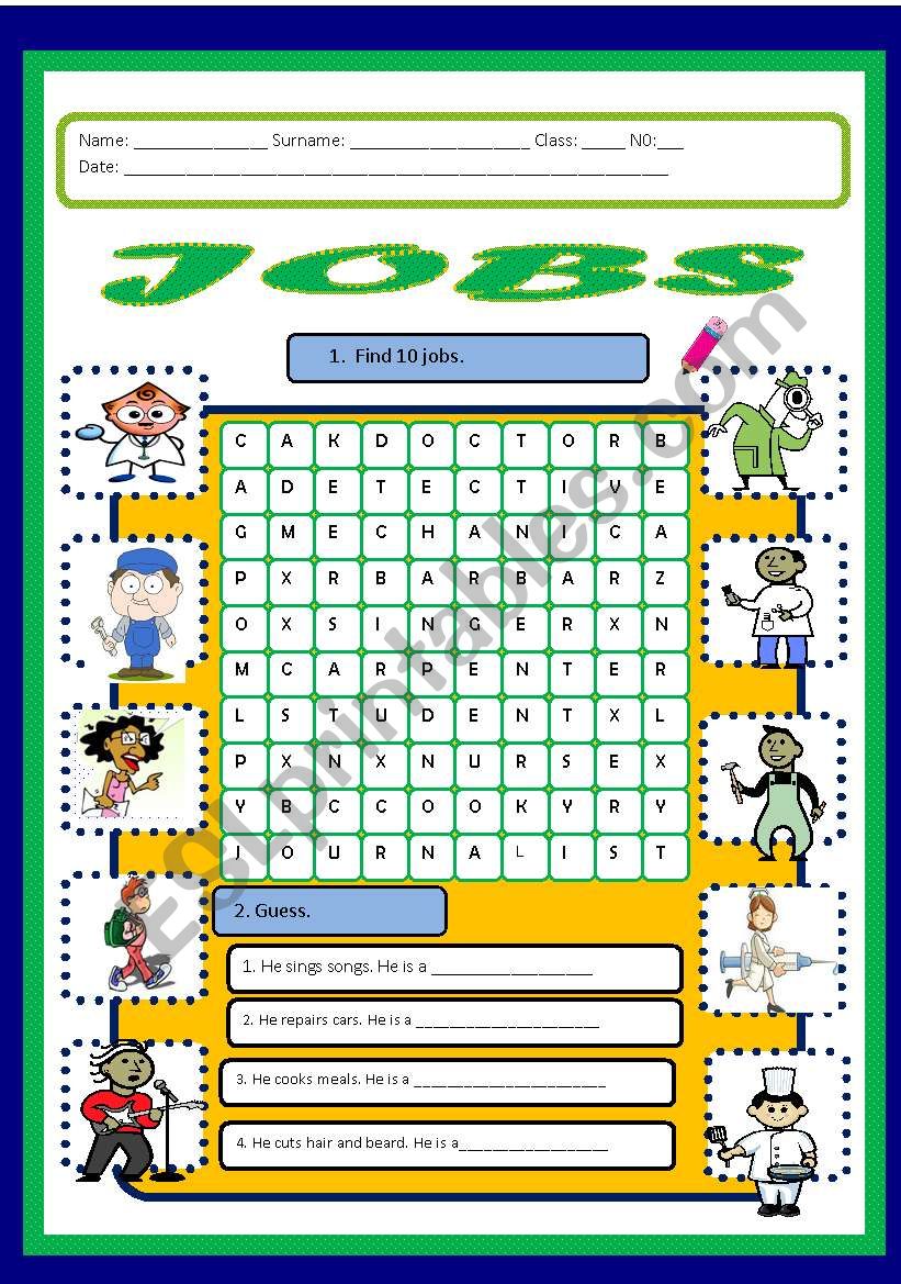 Jobs wordsearch worksheet