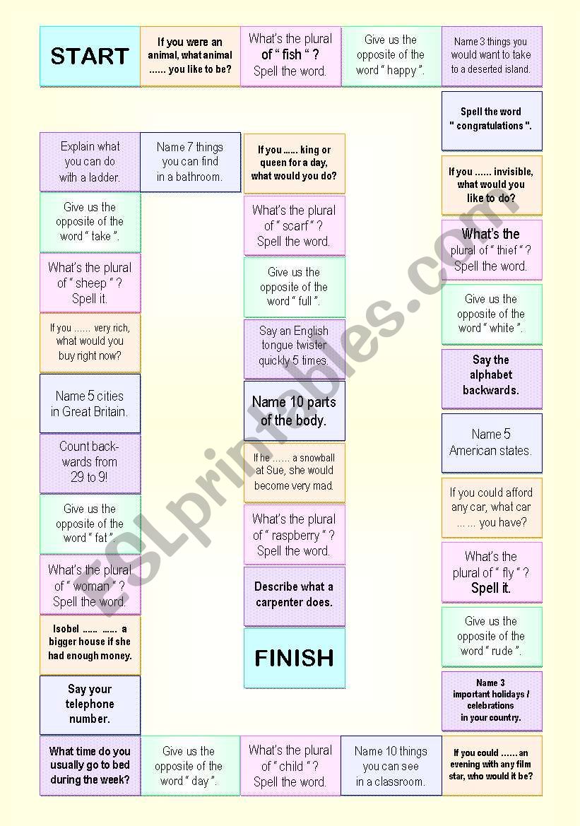 board game for reviewing general vocabulary, opposites, plurals, and conditionals / easy tasks (template from zailda)