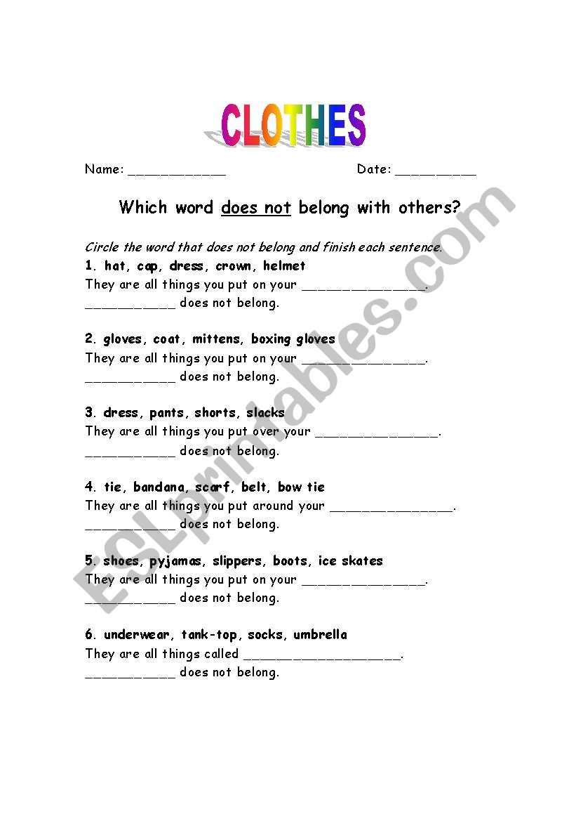 English worksheets: Clothes - what doesn´t belong?