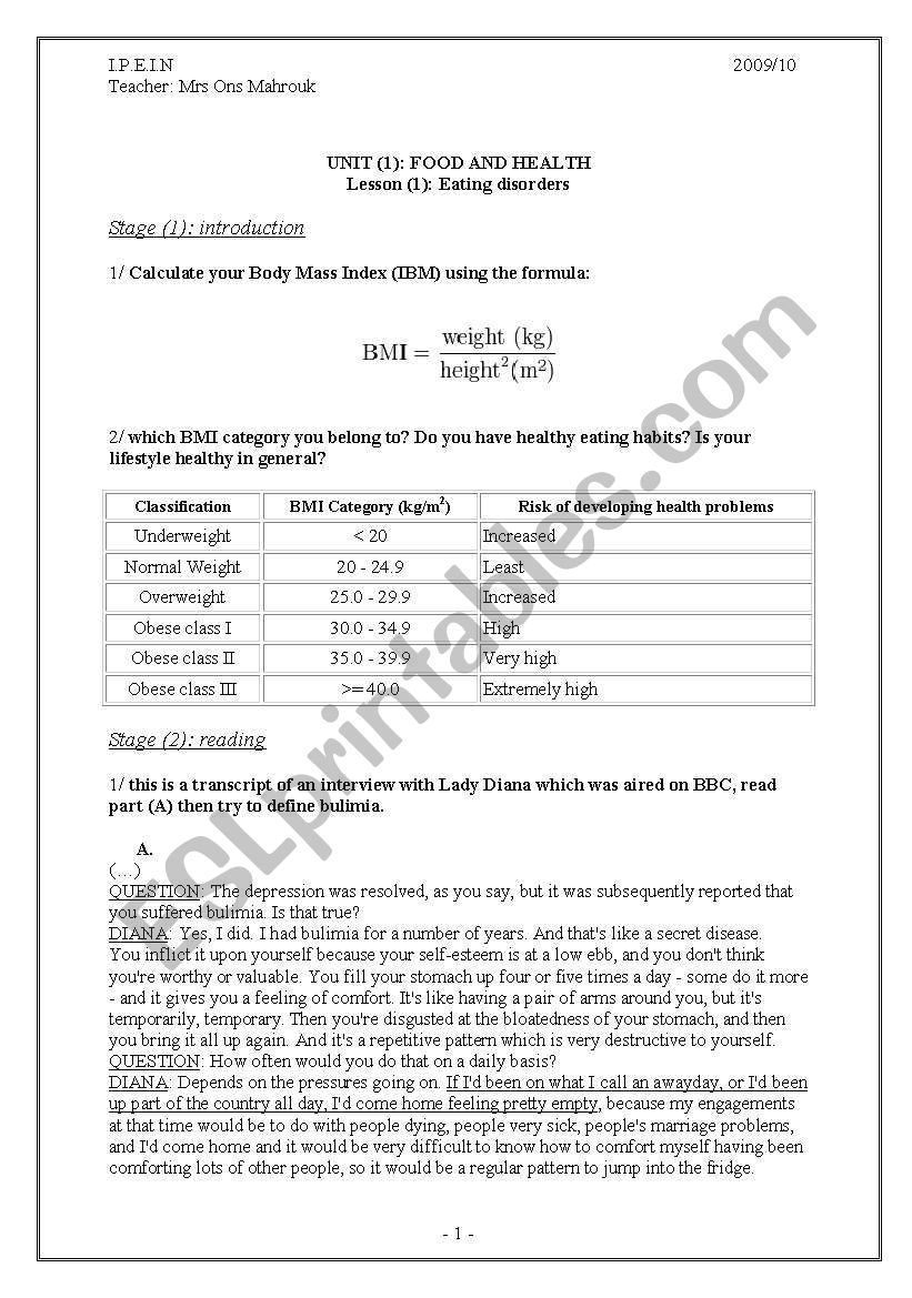 eating disordres worksheet