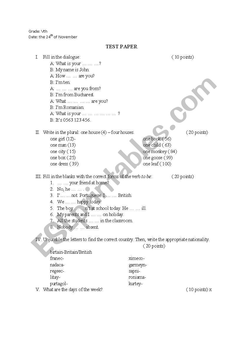 Test Paper worksheet