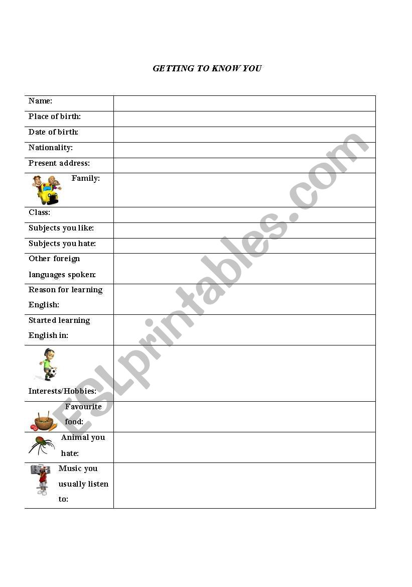 Getting to know you worksheet