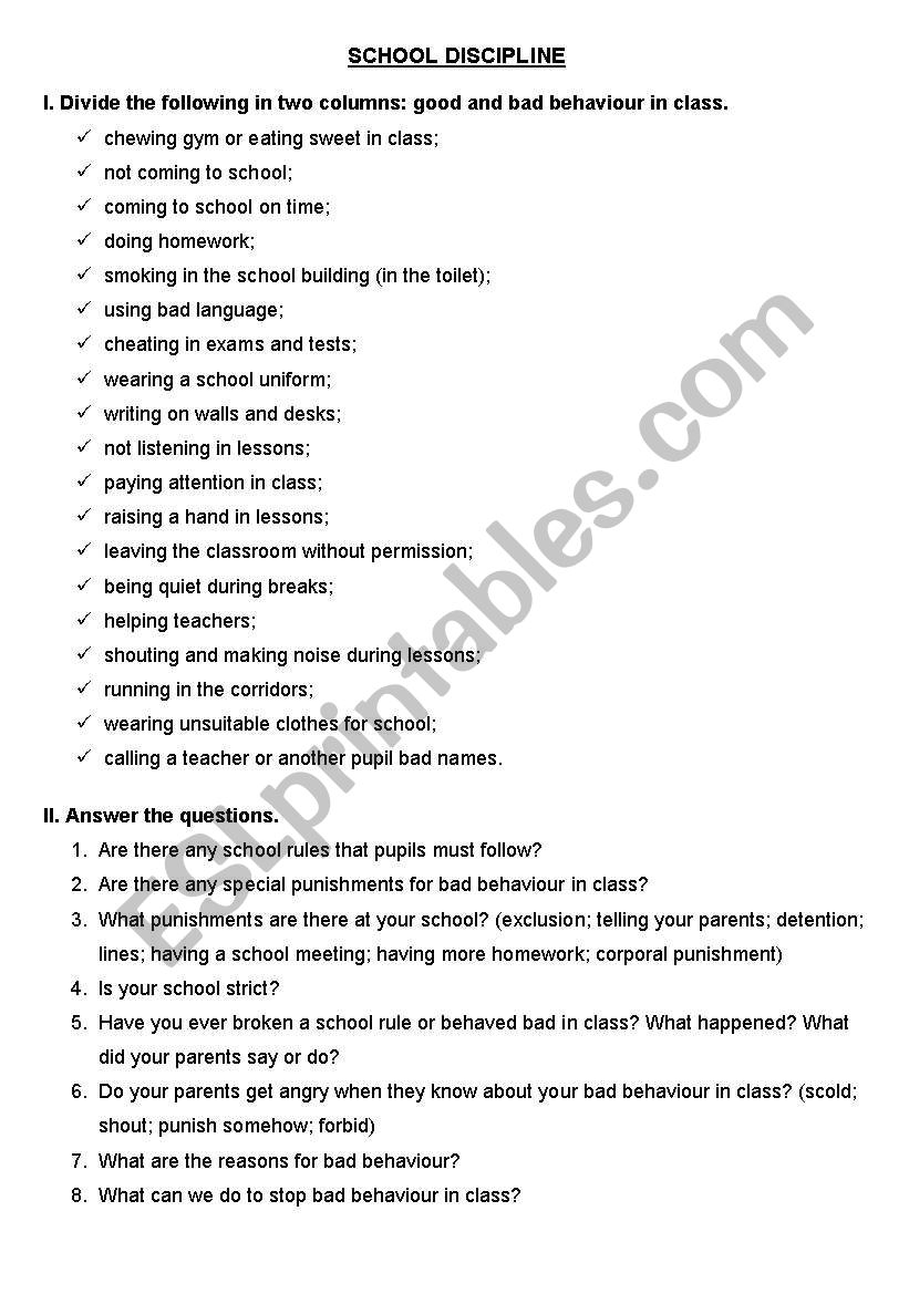School discipline worksheet