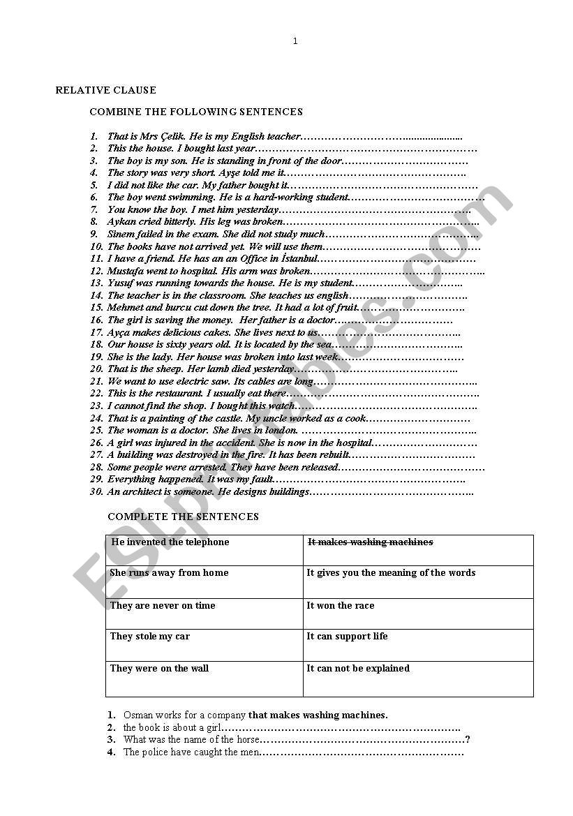 relative clause worksheet