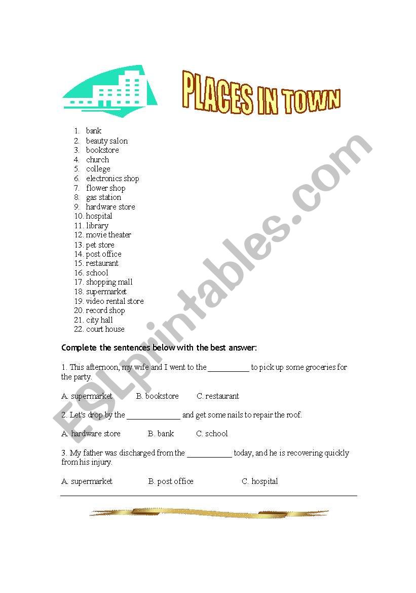 places in town worksheet