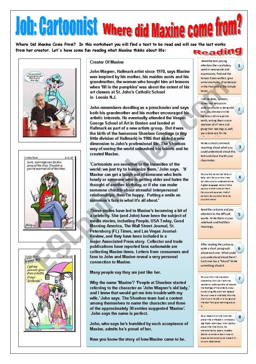 JOB - Cartoonist - (4 pages) Reading & Writing with 9 activities/questions related to cartoons