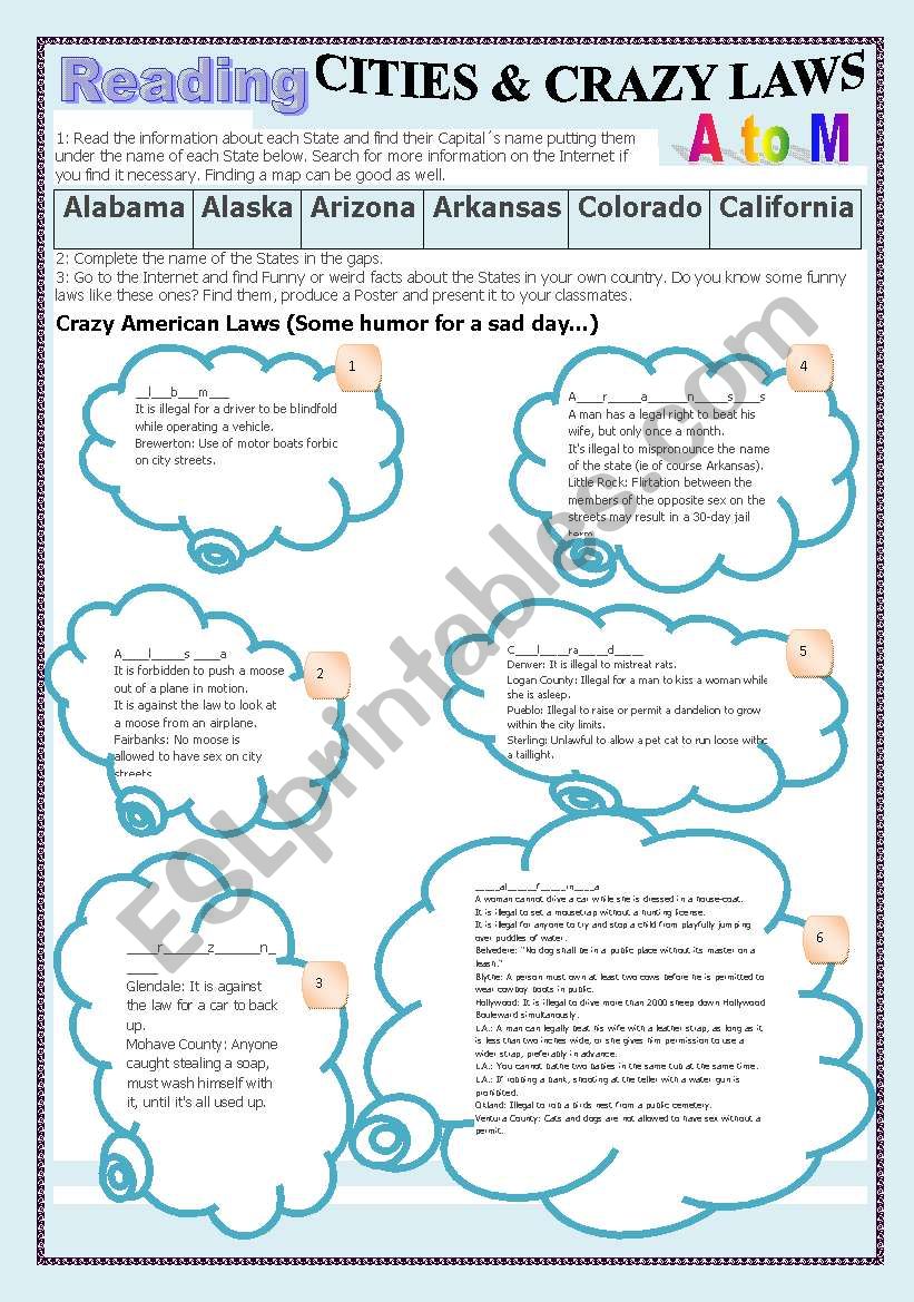 CRAZY LAWS IN THE USA - (Part 1 A to M - 10 pages) - Cities & States Reading & Comprehension with 2 exercises and a research
