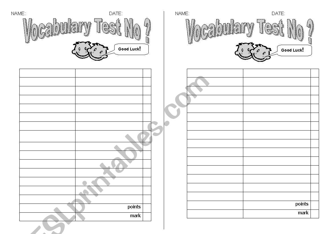 Vocabulary Test - 15 Words worksheet
